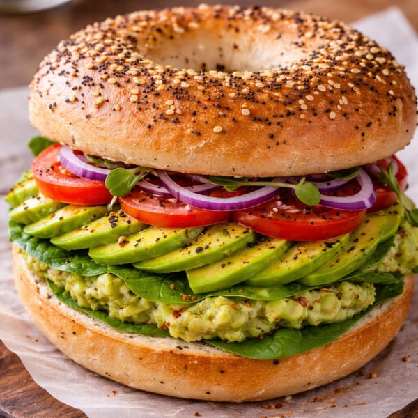 Everything bagel with mashed avocado, sliced avocado, spinach, tomatoes, and red onion.