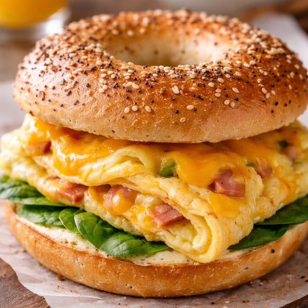 Everything bagel breakfast sandwich with folded egg, melted cheese, ham, and spinach on parchment paper.