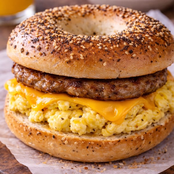 Close-up of a breakfast bagel sandwich with sausage, scrambled eggs, and melted cheese.