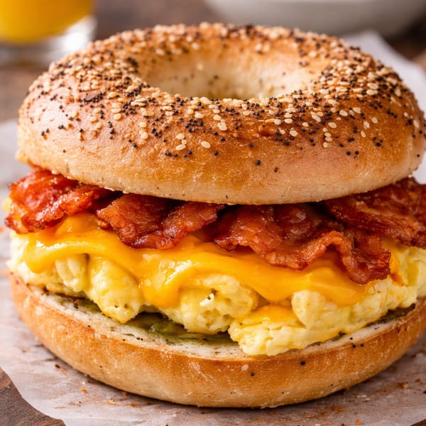 Close-up of a breakfast bagel sandwich with bacon, scrambled eggs, and melted cheese.